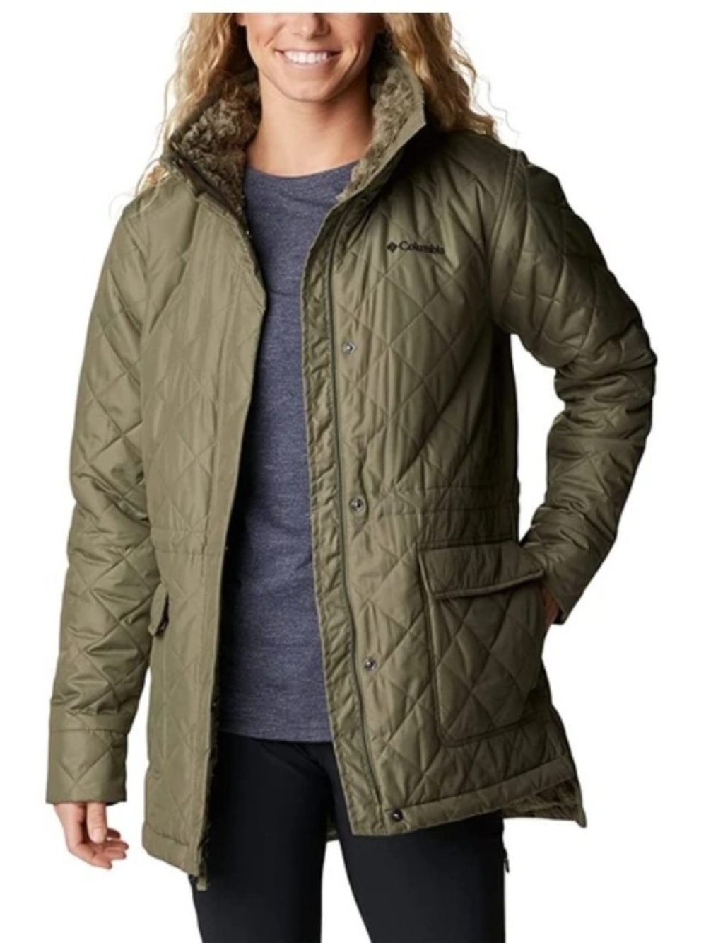 Columbia Copper Crest Stone Green Quilted Puffer Jacket with Faux Fur Trim